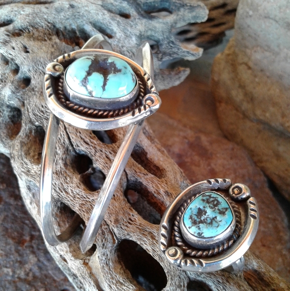 Sterling Silver Vintage Turquoise Cuff & Ring SET - Picture 8 of 16